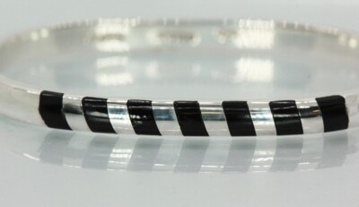 Massiver Sterling Silber .925 Intarsien Schwarz Onyx Armreif Armband Mädchen Damen 29g
