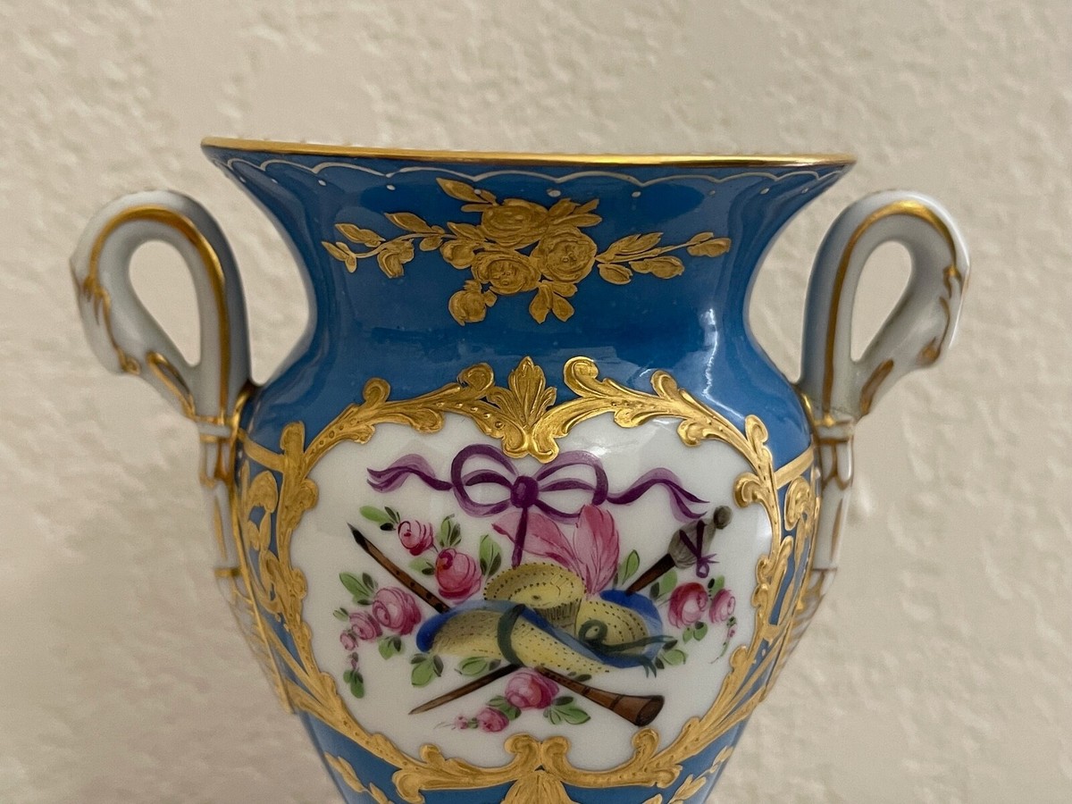 Antique German Carl Thieme Dresden Porcelain Vase Blue Gold
