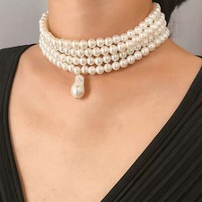 White Shell Pearl Women's Multilayer Choker Collar Baroque Pendant Necklace 16''