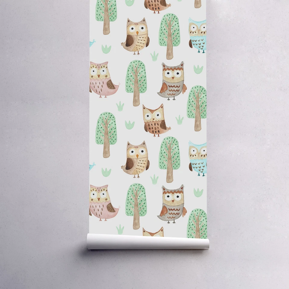Fotomural Estándar Extraíble Búhos Cuento de Hadas Niños Guardería Bebé Árboles Animales Acuarela Foto 2 de 4