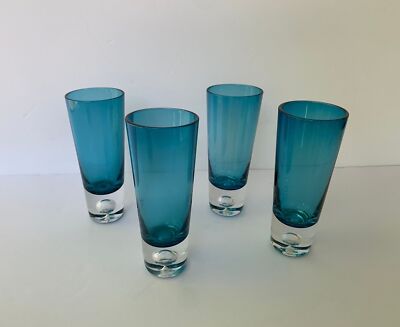 4 Vintage 1990s Azure Blue Krosno Vodka Shot Glasses - Suspended Bubble Base