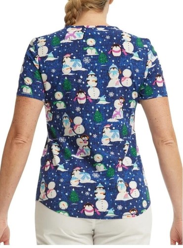 NEW Choose Small or Large Snowman Print Nurse Medical Hospital Uniform Scrub Top - Picture 3 of 5