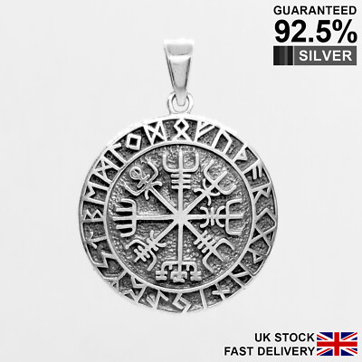 Helm of Awe Vegvisir Norse Viking Compass Rune Pendant Solid 925 Silver Quality