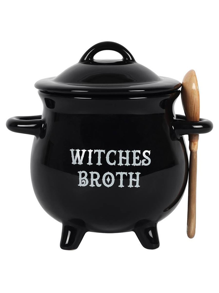 Bowl Witches Broth Cauldron Soup With Broom Spoon Black