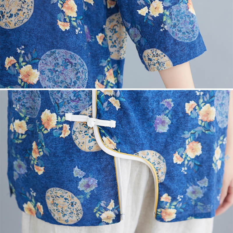 Women Chinese Style Flower Drawstring Loose Shirt main image 1