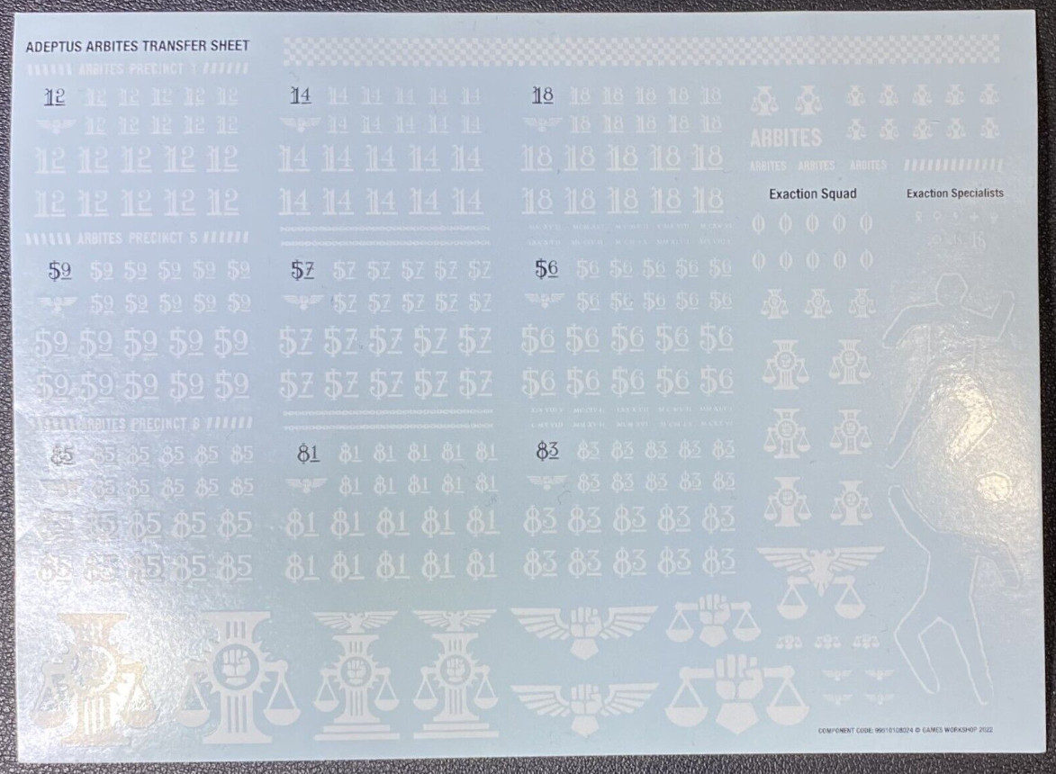 Переводной лист Команды взыскателей Адептус Арбитрес Содержит отличительные знаки для команды убийц Warhammer 40K