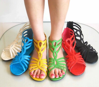 New Women Flat Low Wedge Gladiator Sandals Green Blue Rd 