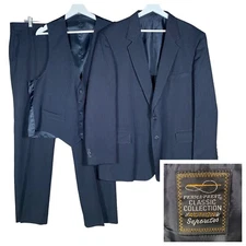 Sears Perma-Prest 3-Pc Suit 47R Action Traveler Navy Striped Jacket Pants 39x30