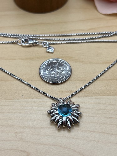 David Yurman Silver Starburst Pendant with Adjustable Box Chain and Blue Topaz - Picture 8 of 12