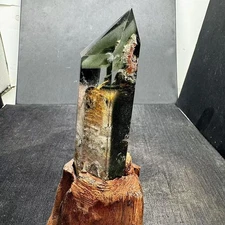 298g TOP natural Green Ghost quartz carved obelisk crystal wand point+Stand