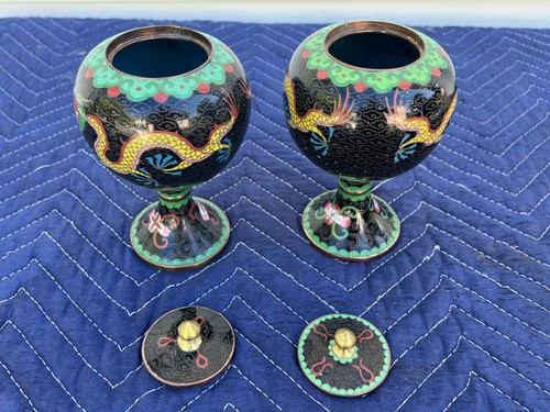 Antique Mirrored Pair Chinese Cloisonne Bronze Lid Urns 7" w/Two 5-Toed Dragons - Picture 5 of 8