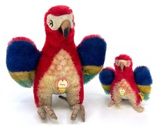 Steiff Lora Parrot Macaw x 2 Mohair Bird 1960s ID Button and Tag 22cm 12cm Vtg