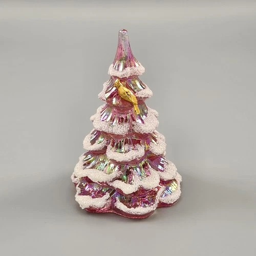Fenton Glass Iridescent Madras Pink 4" Christmas Tree Gold Bird Snow Frit