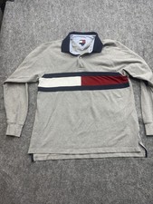 Tommy Hilfiger Y2K Rugby Polo Shirt Gray Red White Navy Logo Color Block Large