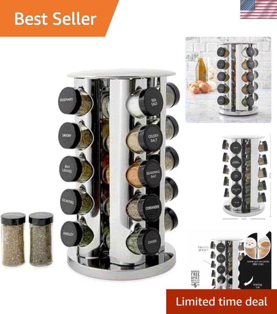 Elegant Revolving Spice Organizer - 20 Jars in Luxe Polished Stainless Steel