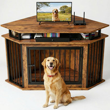 Corner Dog Crate Furniture with 2-Tier Shelves Wooden Pet Kennel for Large Dog