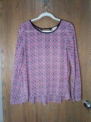 NWOT Eyelash Couture Wm's Red & Black Geo Floral Long Sleeve Sheer Top Sz L