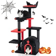 Gothic Cat Tree, 53 Inch Black Cat Tower with Coffin Bed, Condo, Scratching P...