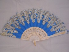 Spanish Flamenco Style Fan, Blue And White With Gold, Folding, Painted, Plastic