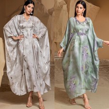 Dubai Women Printed Loose Kaftan Muslim Farasha Robe Abaya Batwing Sleeve Dress