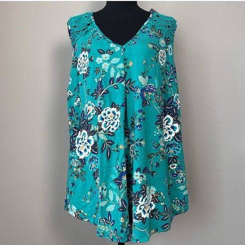 NWT Daniel Rainn Women Tank Top 1X Teal Floral Crochet Flowy Cottage Romantic - Picture 2 of 7