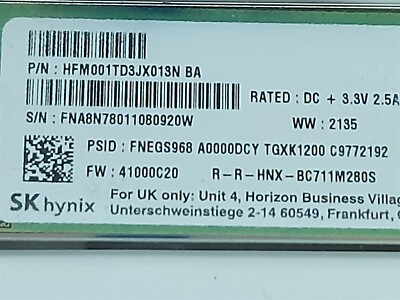 内蔵型SSD Hynix M.2 NVMe 1tb - HFM001TD3JX013N SK hynix 1TB, M.2 2280 Internal SSD - HFM001TD3JX013N for