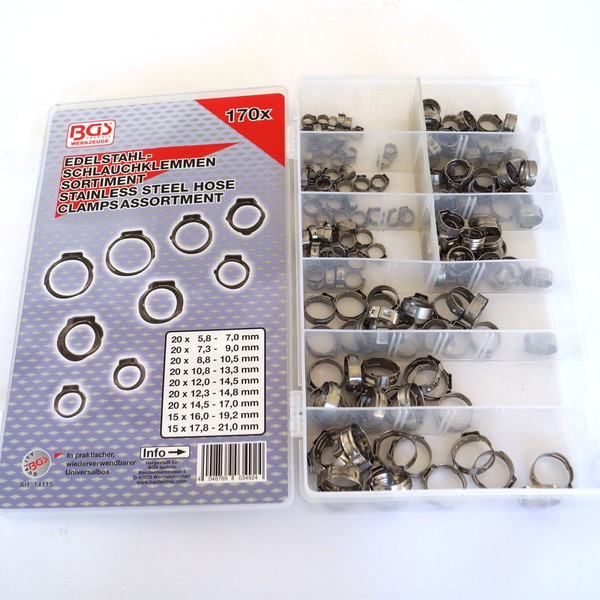 Bgs Edelstahl-Schlauchklemmen Set Ohrschellen Schlauchschellen 5.8-21 Mm 170 Tlg-image