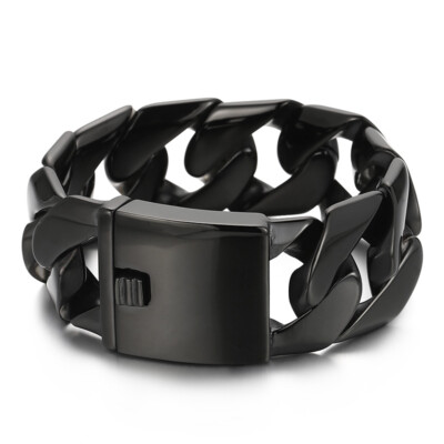 Mens Black Chunky Miami Cuban Chain Bracelet Stainless Steel Biker Large  31mm