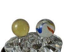 2 SHOOTER MARBLES CLEAR YELLOW 35/64  CLEAR w/ YELLOW, BLUE  RED SWIRLS 37/64