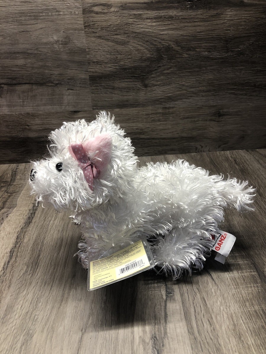 Ganz Webkinz 9” WHITE TERRIER w/ Pink Bow HM106 Fluffy Plush Dog