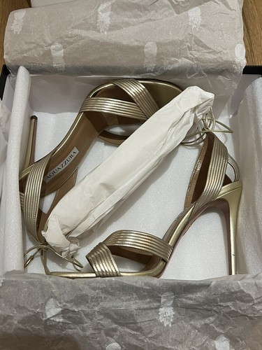 Aquazzura Ari 105 Metallic Leather Sandals Gold Net A Porter Revolve Heels 39.5 - Picture 2 of 12