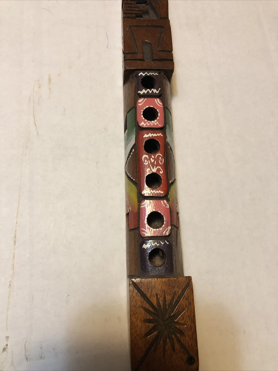 Vintage Wooden Hand Painted Hand Carved Tarka Flute Made In Peru