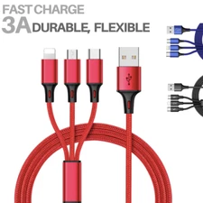 New 3 in 1 Nylon USB Charging Cord Cable iPhone/Micro USB/Type C Sync charge