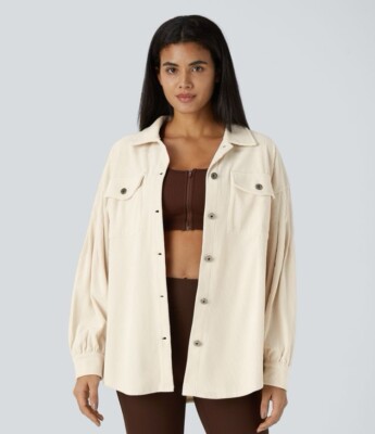 Halara - Langärmlige Cordjacke Mit Kragen,Knöpfen und Taschen - Creme - S - NEU 