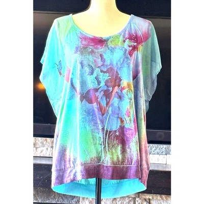 Cato Women's Green Floral Multicolor Blouse with Banded Bottom Flutter Sleeve XL
