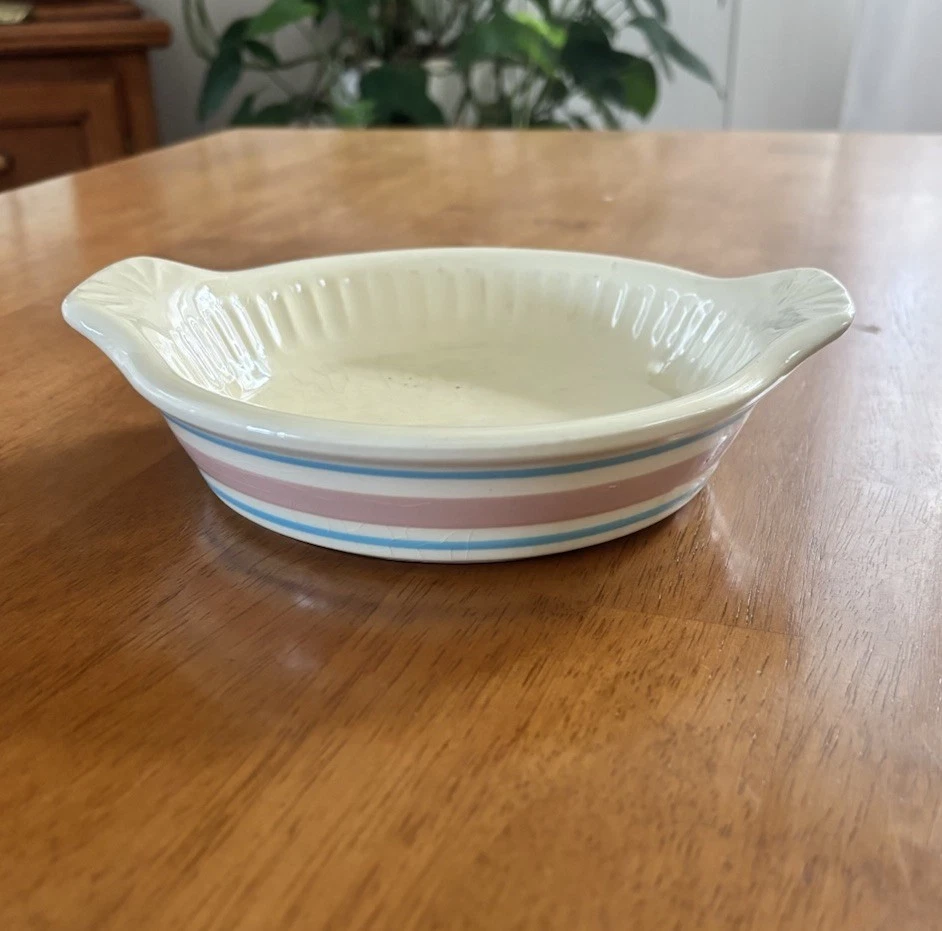 Vintage 1920’s McCoy 6.5” Tart/Pie Plate Blue/Pink Stripe Handled Baker’s Dream