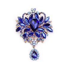 Wedding Bridal Big Blue Crystal Rhinestone Bouquet Brooch Pin for Women Golden T