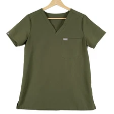 FIGS Scrub Top Technical Collection Olive Green V Neck Short Sleeve Womens XS