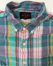 Beams Plus India Madras Shirt Men Medium Colorful Plaid Button Up Made in Japan