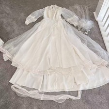 Vintage 1970s Wedding Dress w Veil Edwardian Prairie Bishop Sleeve Train S M