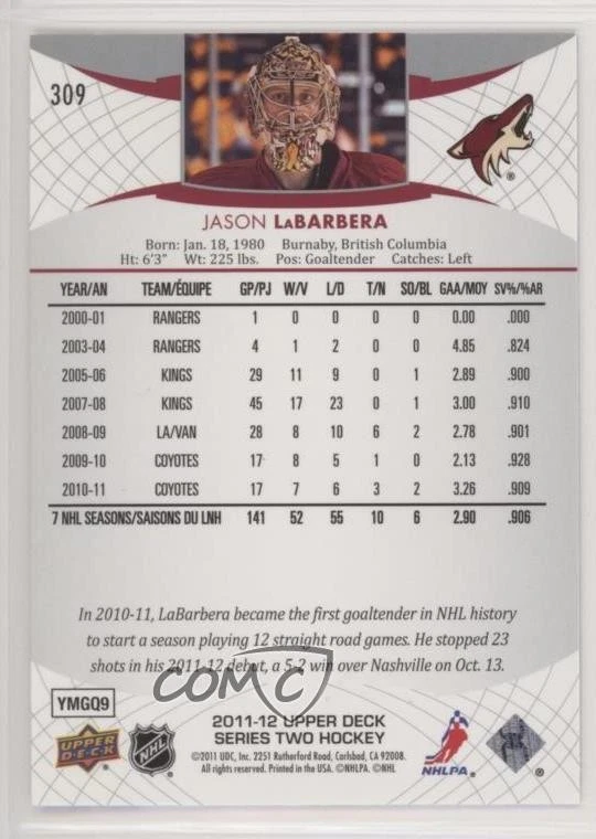 2011-12 Upper Deck Jason LaBarbera #309 - Image 2 of 2