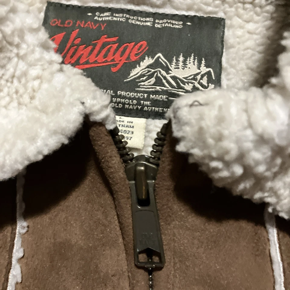 Vintage Old Navy Men's Large Jacket Faux Suede Sherpa Lined Trucker Chore Barn  - Image 3 of 4