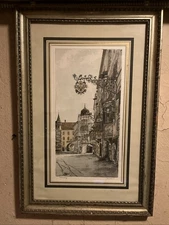 Rothenburg City Germany Vintage Lithograph Print Signed By Artist . Framed 18x27