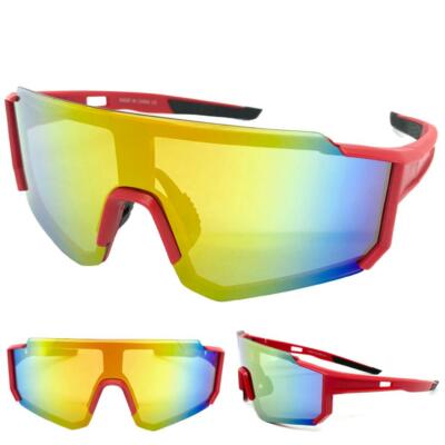 Surdimensionné 90s Rétro Sporty Enroulé Style Soleil Lunettes Big Rouge Or  Verre UK