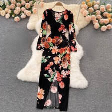 Lady V-neck Bodycon Dress Floral Sexy Split Long Sleeve Black Stretch Slim Retro
