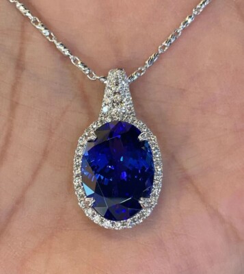 3Ct Oval Cut Lab Created Tanzanite Valentine Gift Pendant 14K White Gold Plated