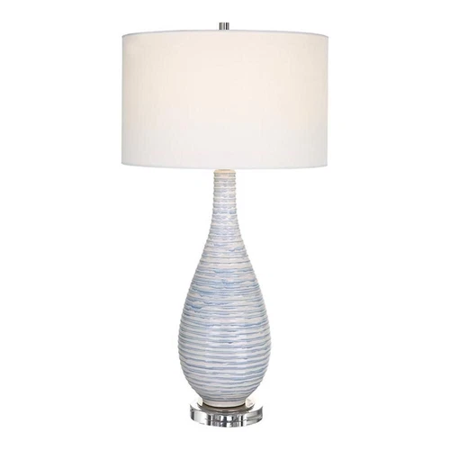 Uttermost Clariot Coastal Ceramic and Crystal Ribbed Table Lamp in Blue/White - Picture 1 of 7