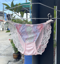 Vintage Sheer Floral Lace String Briefs Slippery Pink Nylon Panty Bikini Sz.6/ M