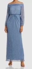 $249 Adrianna Papell Women Blue Metallic Off-the-Shoulder Gown Dress Size US 12