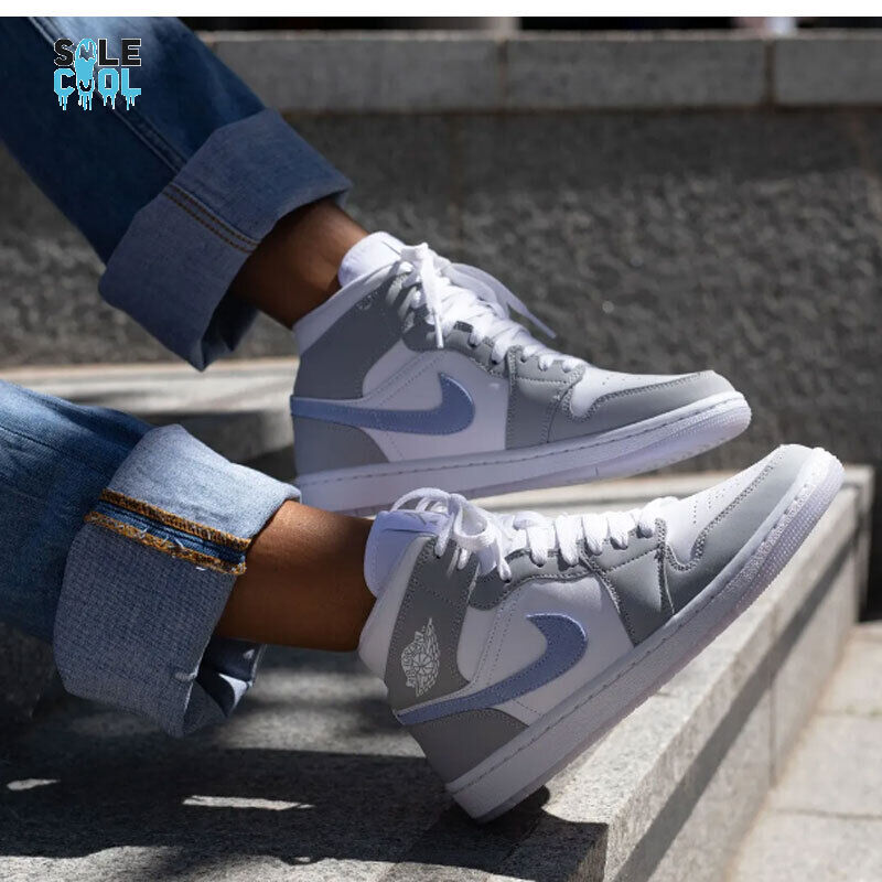 Nike Women's Air Jordan 1 AJ1 Mid Shoes White Wolf Grey Nike Women's Air Jordan 1 AJ1 Mid Shoes White Wolf Grey